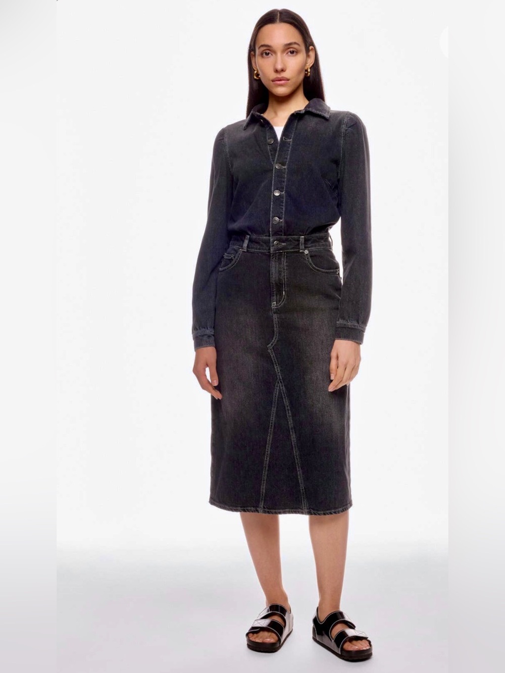 RAILS / Beverly - Washed Black Denim Midi Shirt Dress - Sz L - Picture 2 of 14